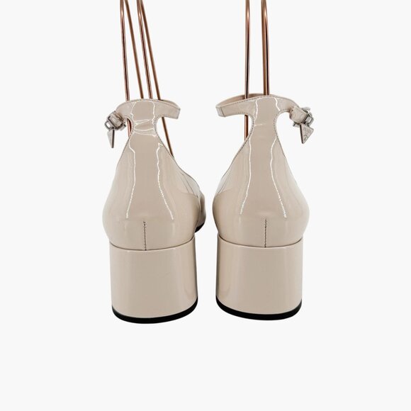 Prada Decolette Triangle Logo Mary Jane Pumps Size 40 US 10 Beige White Low Heel - Picture 7 of 14